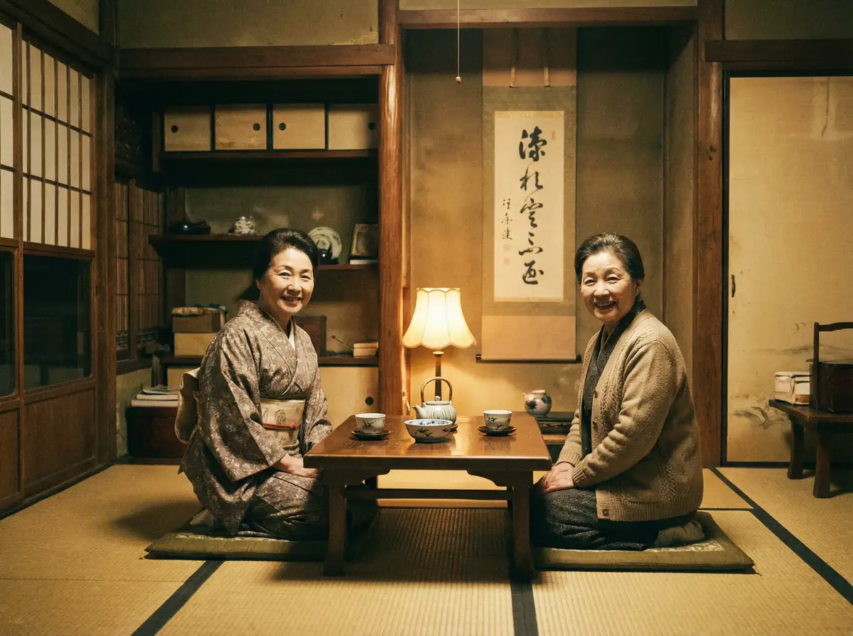 两位优雅的 狠狠撸 在日式茶室中品茶交谈